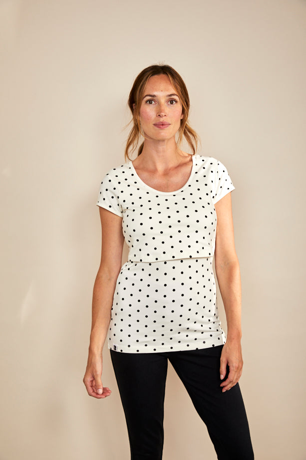 Nursing short sleeve t-shirt in White/Black Spots