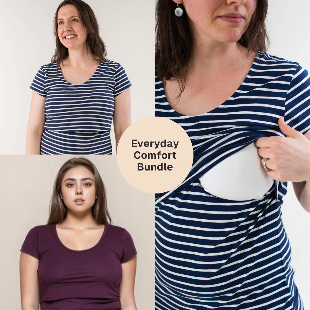 Bshirt Nursing short sleeve t-shirt Twin Pack- Plum & Navy/White Stripes